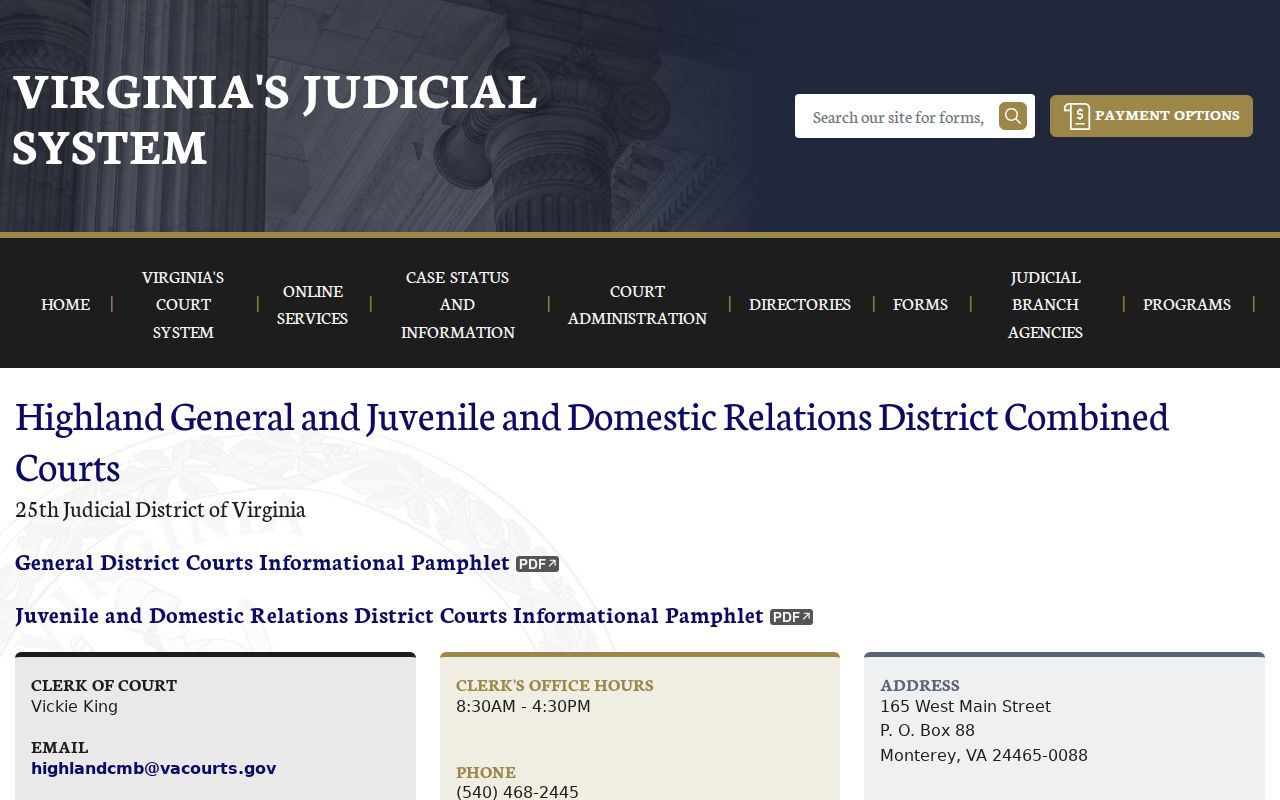 Highland County bench warrant court schedule for General District and JDR
