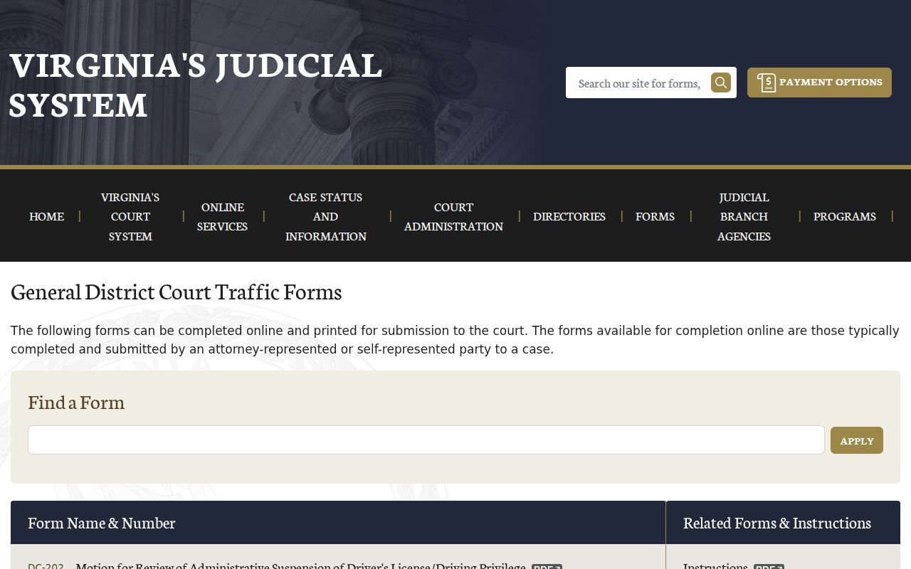 Highland County traffic warrant payment and review forms in the Virginia court index