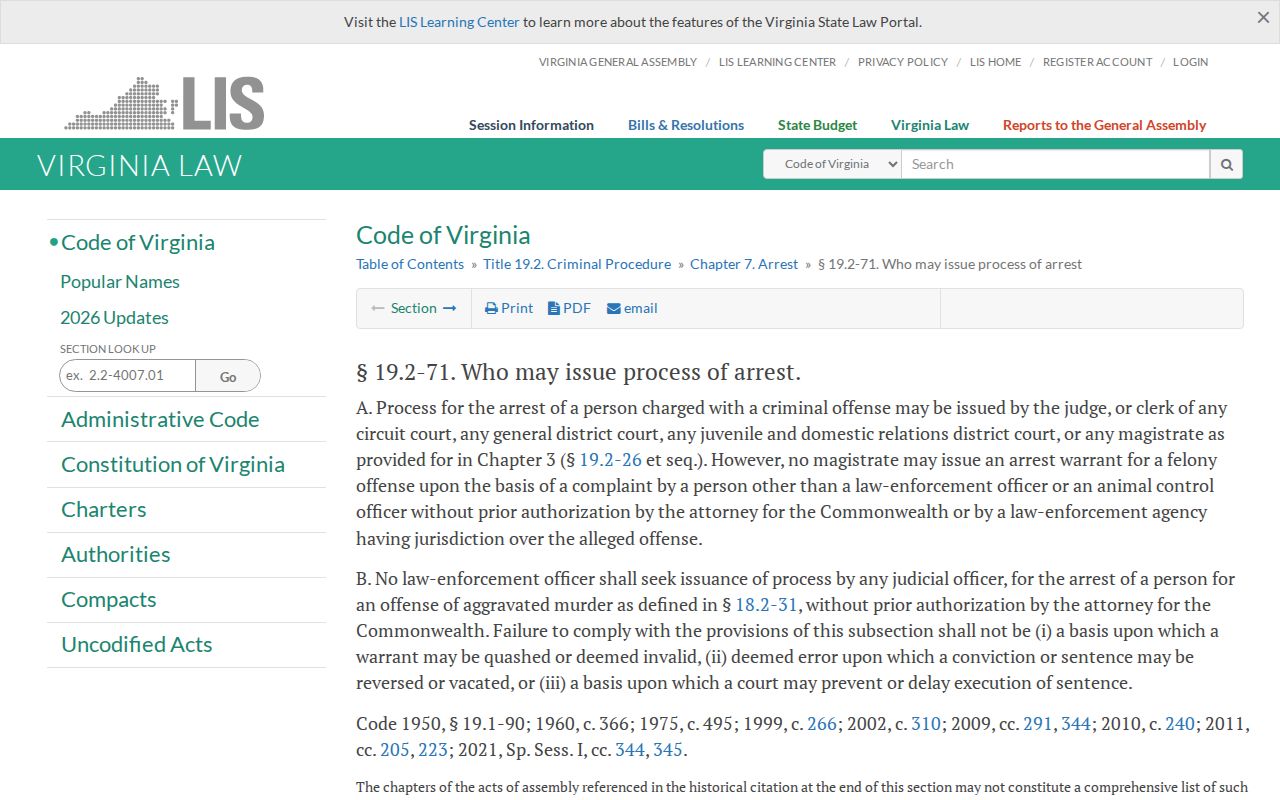 Highland County arrest warrant issuance under Virginia Code section 19.2-71