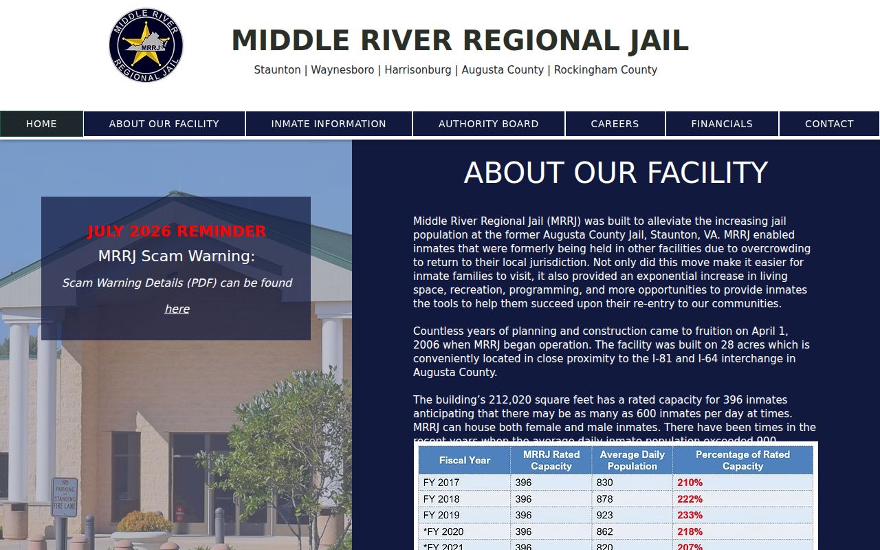 Highland County active warrant search context, Middle River Regional Jail system page
