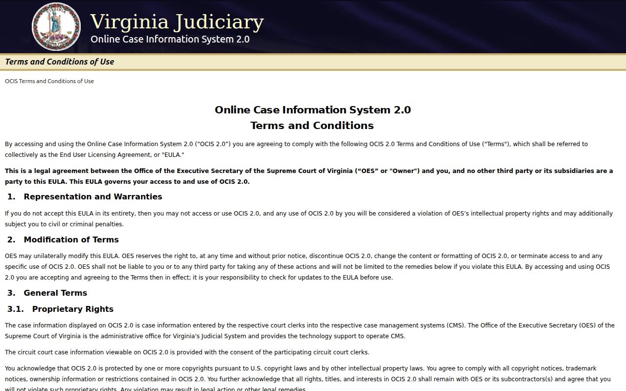 Highland County warrant check, Virginia OCIS case search screen